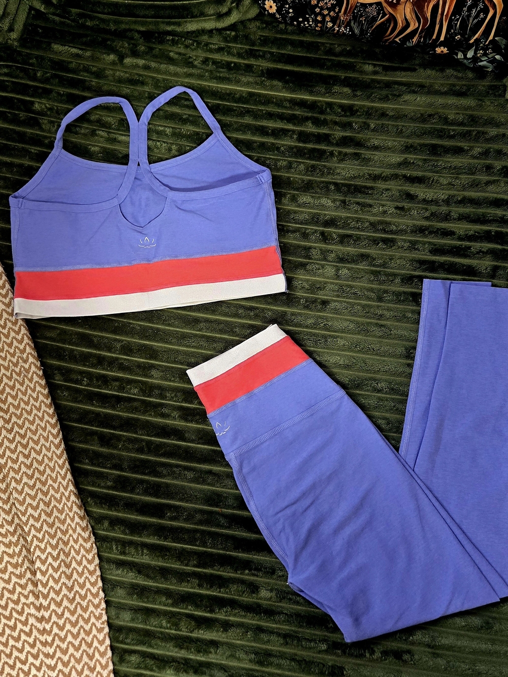 Beyond Yoga Blue Active Set with Red & White Stripe Sports Bra & Leggings